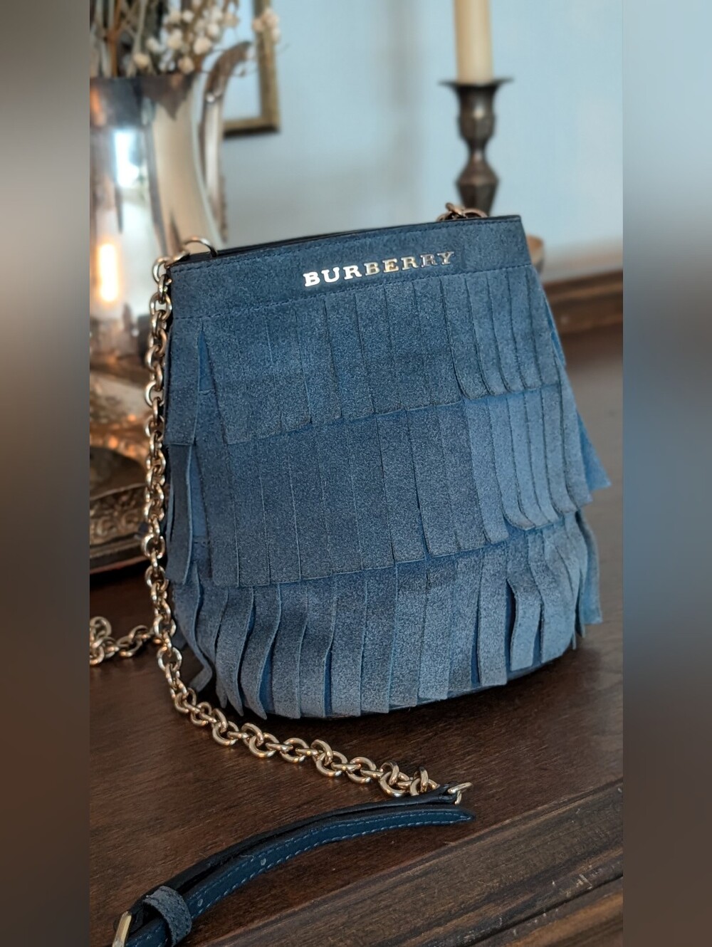 Burberry Blue Suede Fringe Crossbody bucket Bag